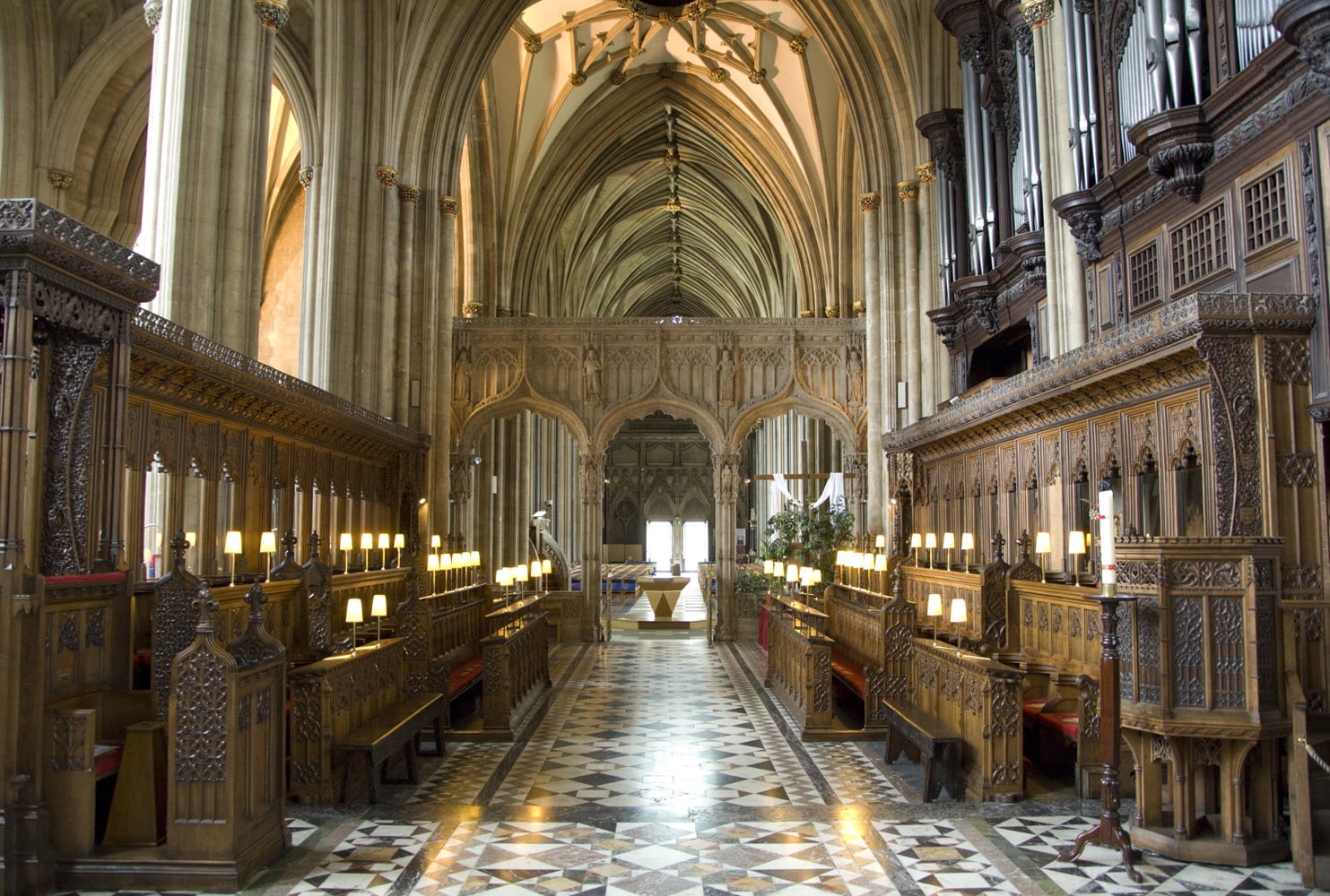 A view of the choir stalls, looking towards the nave of Bristol Cathedral